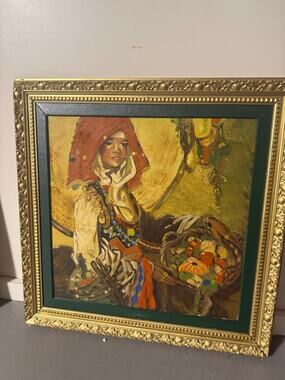 Original Signed Josef Kaderabak Oil on Canvas Painting Girl w Fruit Basket 36"